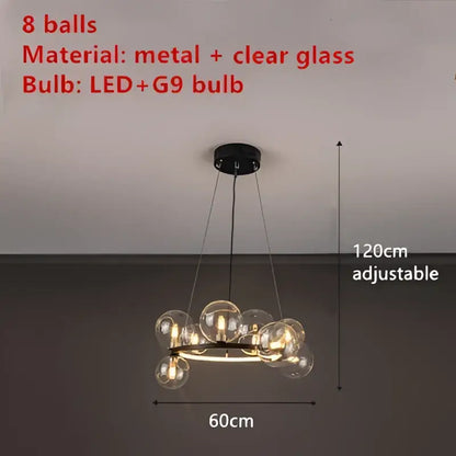 Modern black metal chandelier with eight clear glass bubble bulbs and adjustable cord by DecorBites™