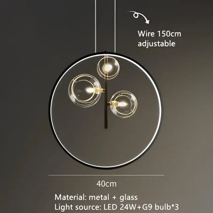 Modern DecorBites™ LED glass chandelier with three clear glass bubble bulbs and adjustable cord in a sleek metal frame