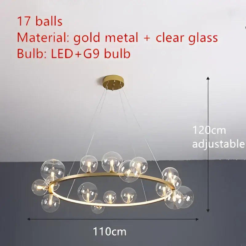 Gold metal DecorBites™ modern LED chandelier with 17 clear glass bubble bulbs and adjustable cord