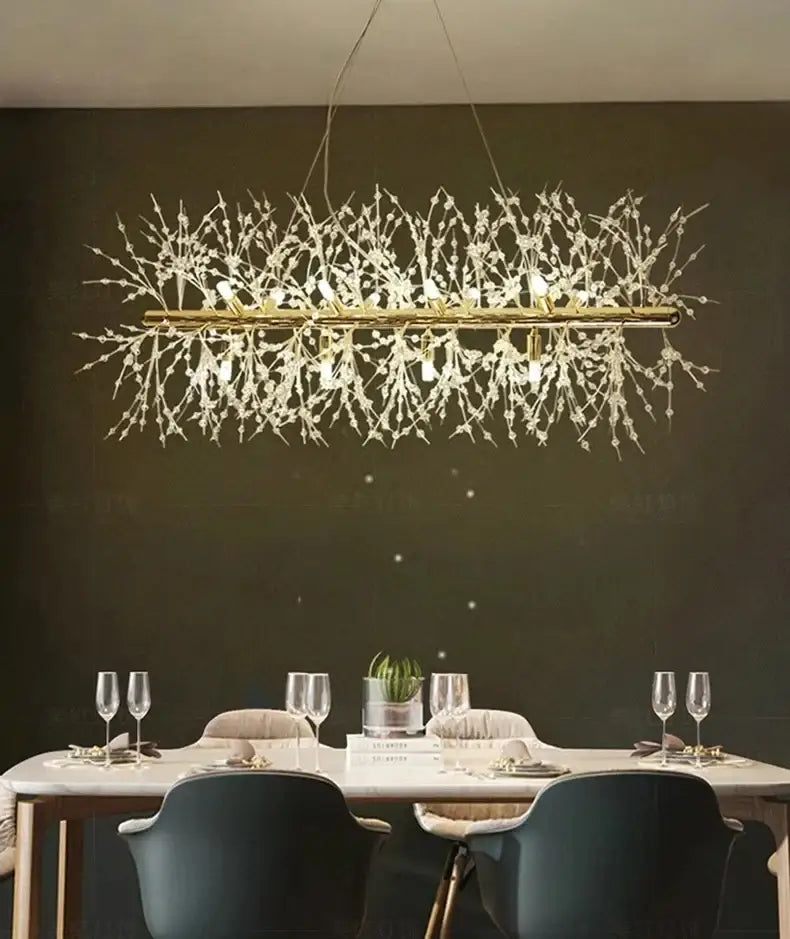 DecorBites™ modern led pendant chandelier with golden frame and white crystal-adorned arms for home decor