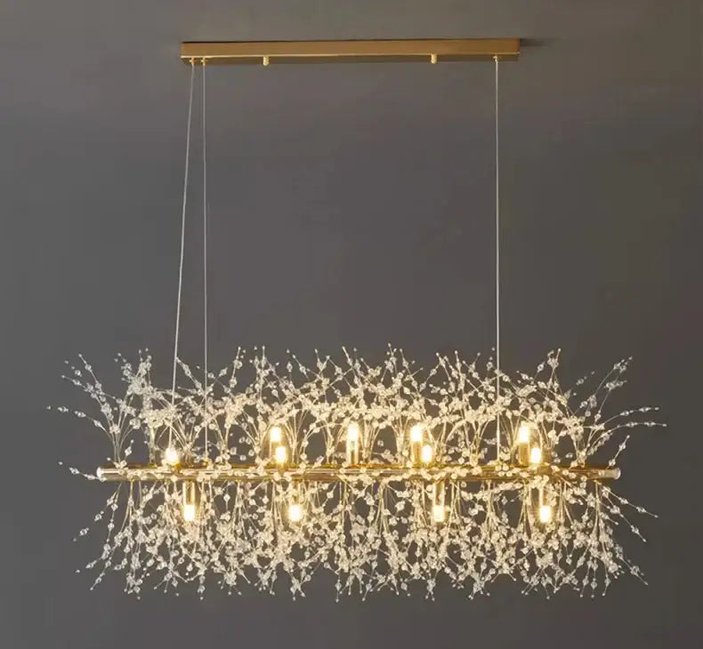 Gold-toned DecorBites™ modern LED pendant chandelier with crystal branches and warm lights for home decor