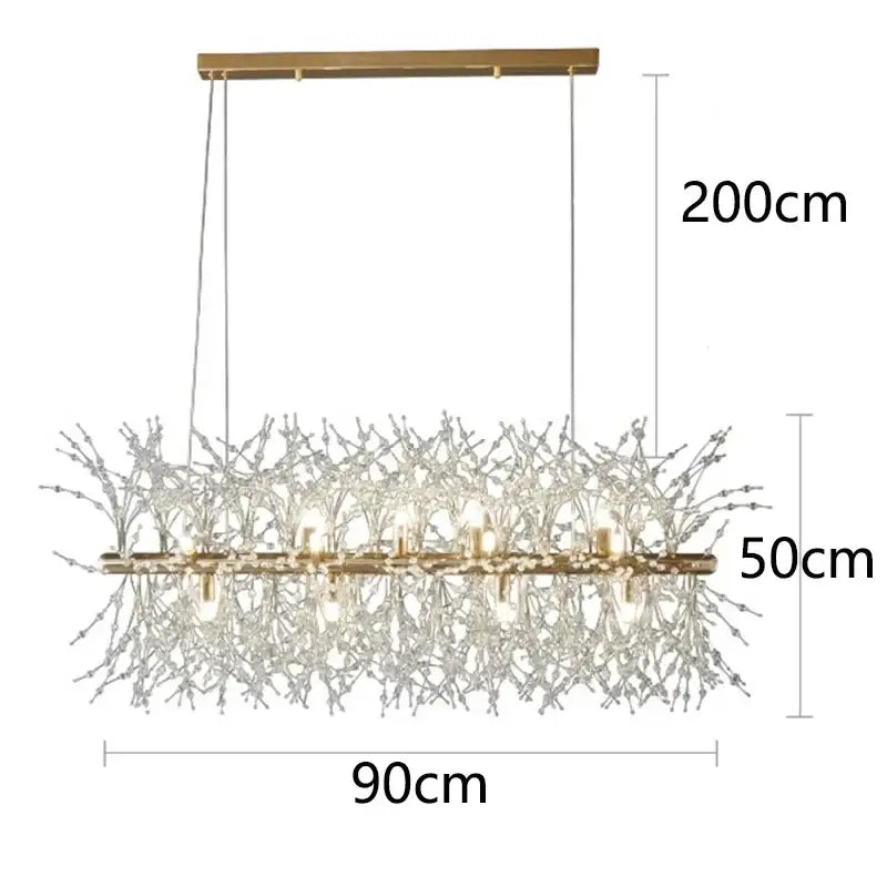 Gold-toned rectangular DecorBites™ modern led pendant chandelier with intricate crystal branches and embedded lights for home decor