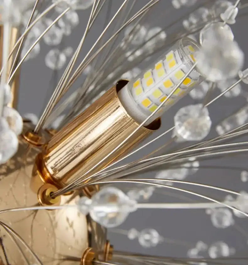 Gold-toned cylindrical housing encases clear led bulb with crystal beads in DecorBites™ modern led pendant for home decor