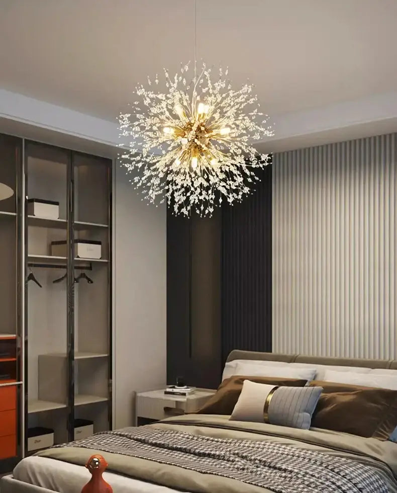 A sparkling gold and white DecorBites™ modern led pendant chandelier with starburst design for home decor