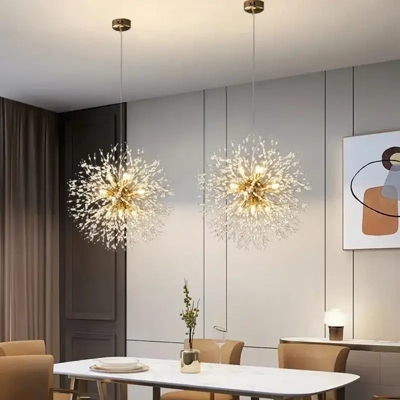 Two golden starburst style decorbites™ modern led pendant lights with sparkling crystals for home decor
