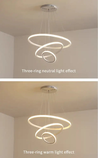 DecorBites™ modern pendant lamp with sleek black three-ring led design and brightness dimmable warm white light