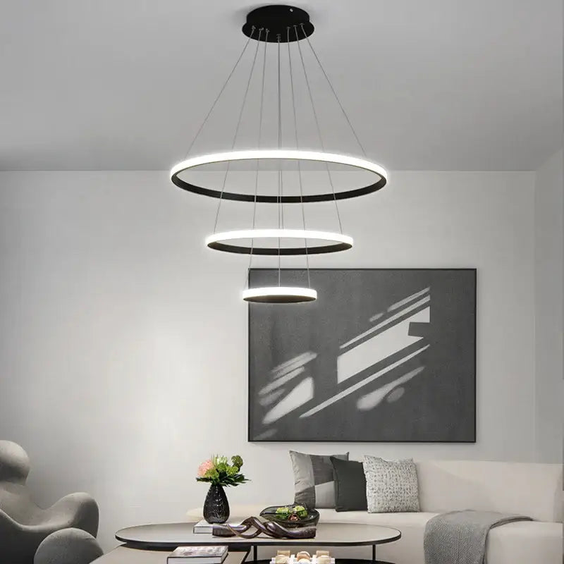 Modern black and white decorbites pendant lamp with three concentric rings brightness dimmable warm white lighting