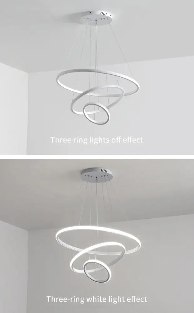 Modern white led chandelier with three concentric rings by DecorBites™ featuring brightness dimmable warm white pendant lamp