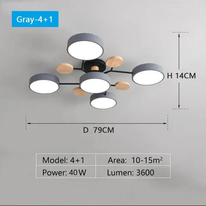 Modern gray and wood-toned DecorBites™ macaron ceiling chandelier with circular LED bulbs and 3-color dimming feature