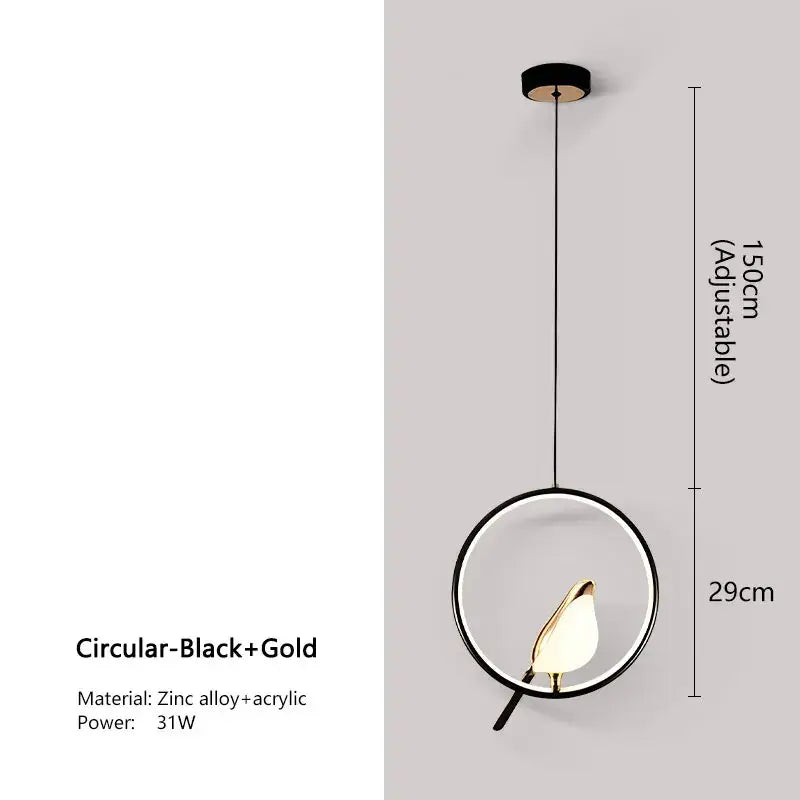 Black and gold DecorBites modern magpie bird led pendant light with acrylic bird-shaped lampshade and minimalist design