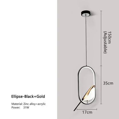 Decorbites™ modern magpie bird led pendant light in black and gold with zinc alloy frame and acrylic glass panel