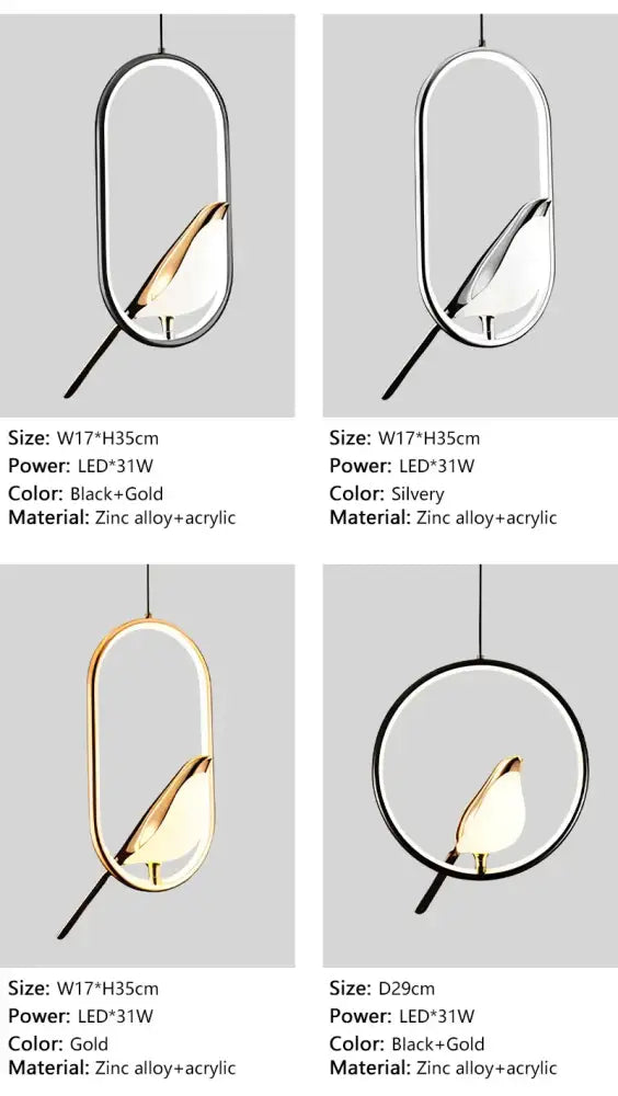 Elegant oval-shaped DecorBites™ modern magpie bird led pendant light with gold-toned bird silhouette and zinc alloy frame