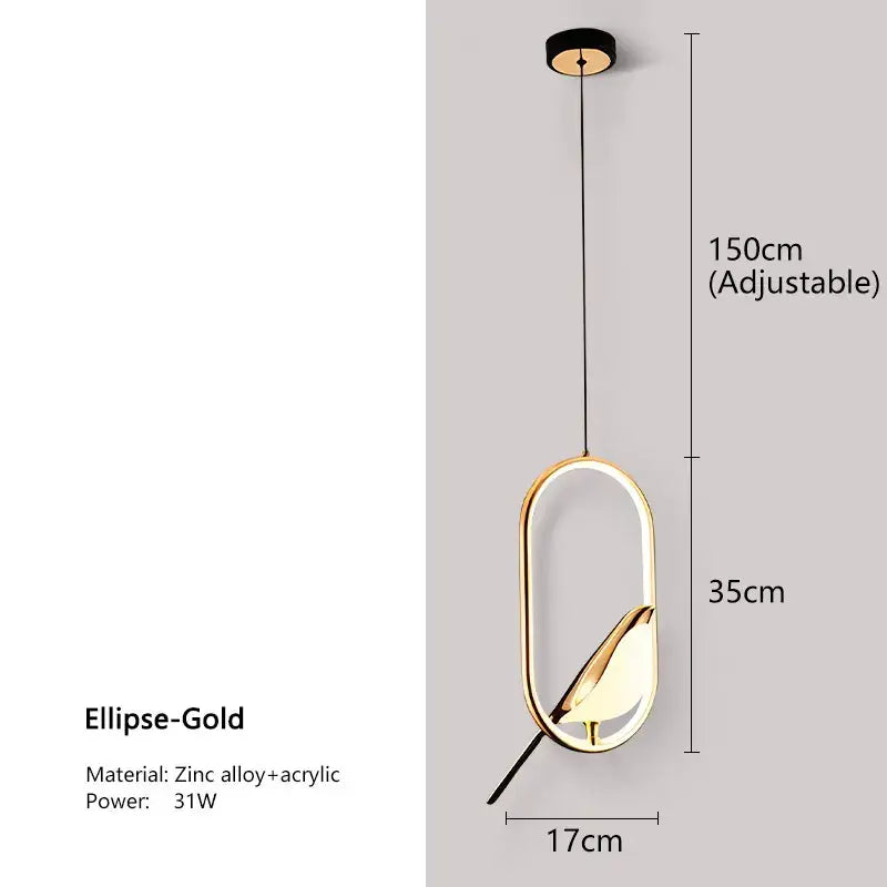Gold-toned elliptical pendant light with zinc alloy frame and acrylic diffuser from decorbites modern magpie bird led collection