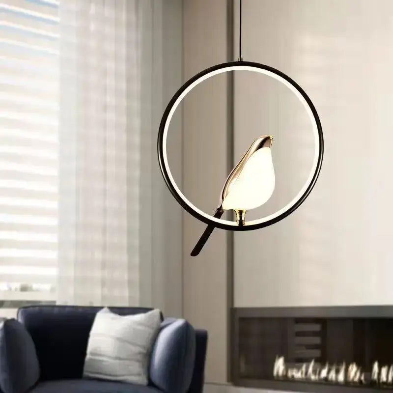 Decorbites modern magpie bird led pendant light with sleek black frame and illuminated polished metal frosted glass bird lamp