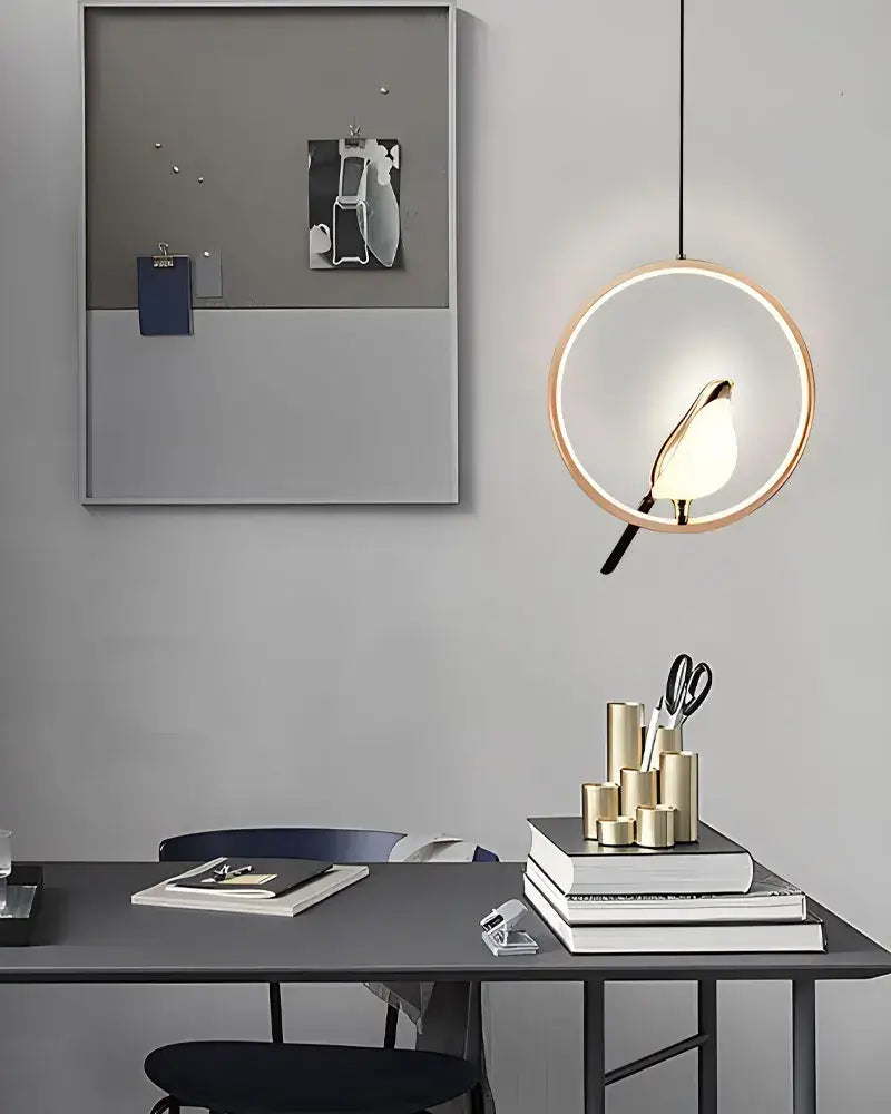 DecorBites™ modern magpie bird led pendant light with warm glow and sleek gold-toned frame featuring bird led silhouette