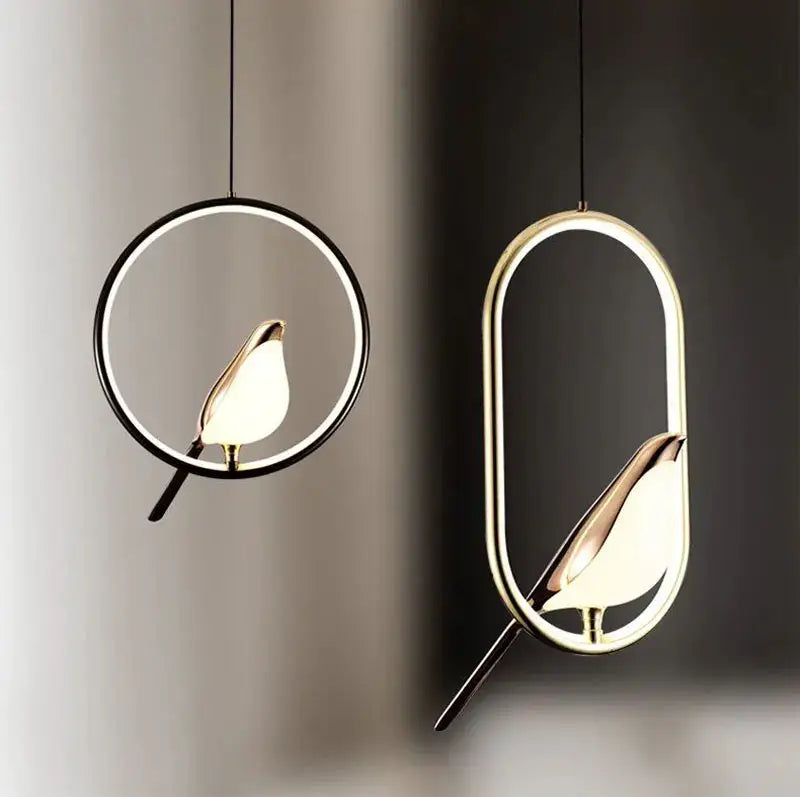 Decorbites modern magpie bird led pendant lights with sleek metallic bird designs in circular and oval frames