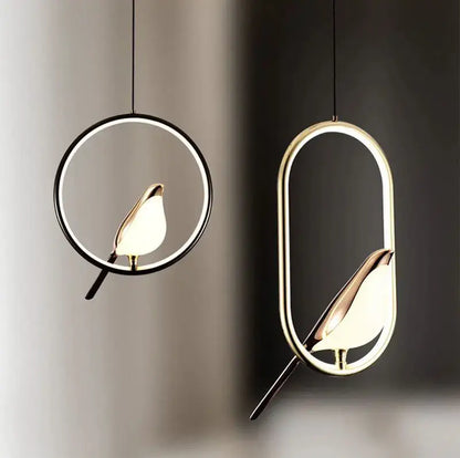 Decorbites modern magpie bird led pendant lights with sleek metallic bird designs in circular and oval frames