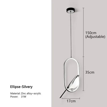 Silver ellipse-shaped DecorBites modern magpie bird led pendant light with sleek zinc alloy and acrylic design, adjustable 150cm hanging length