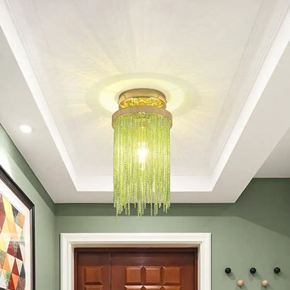 DecorBites™ modern semi flush mount lamp with gold-toned metal base and cascading green crystal beads for living room