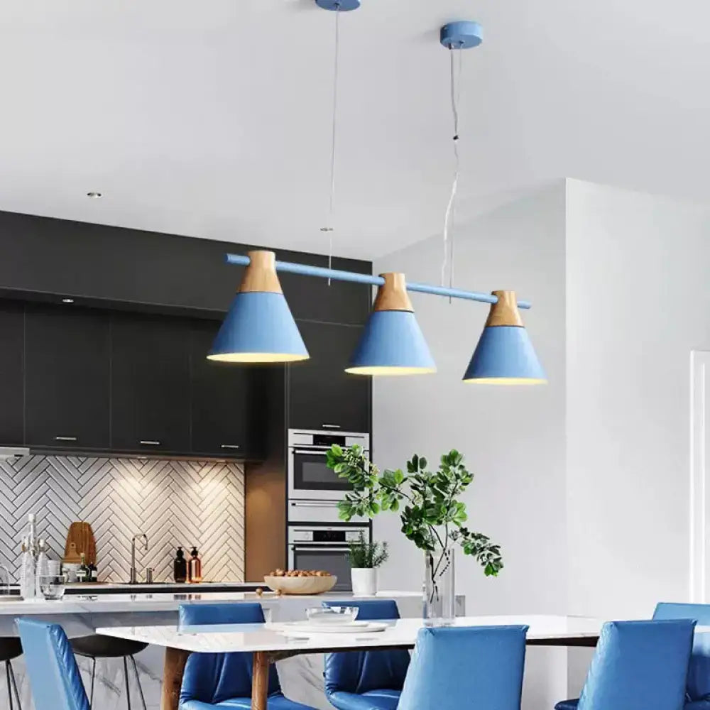 DecorBites™ modern metallic cone hanging light kit features blue conical pendant lights with wood top accents