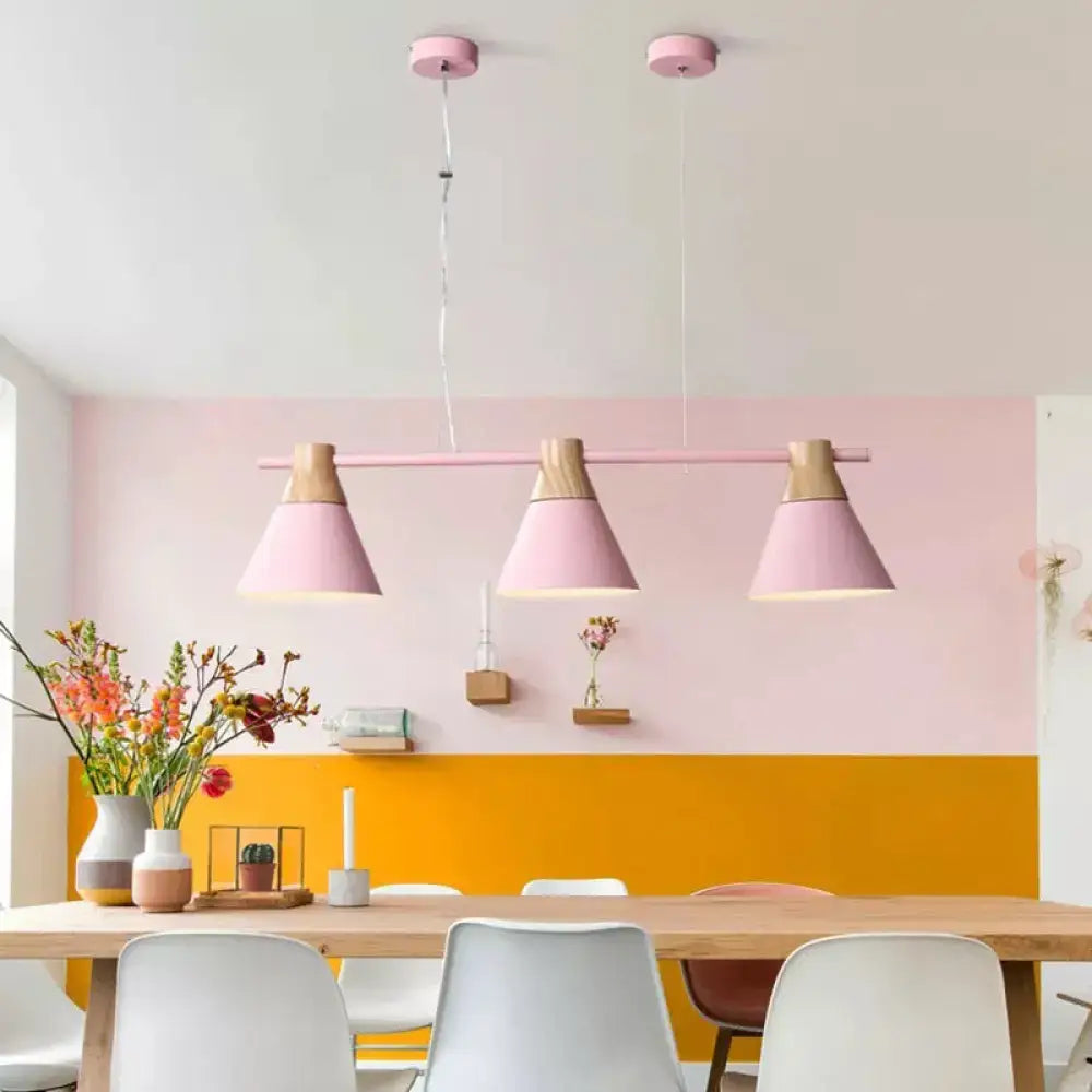 Pink metallic cone hanging light kit with wooden accents decorbites modern 3 heads island lighting fixture