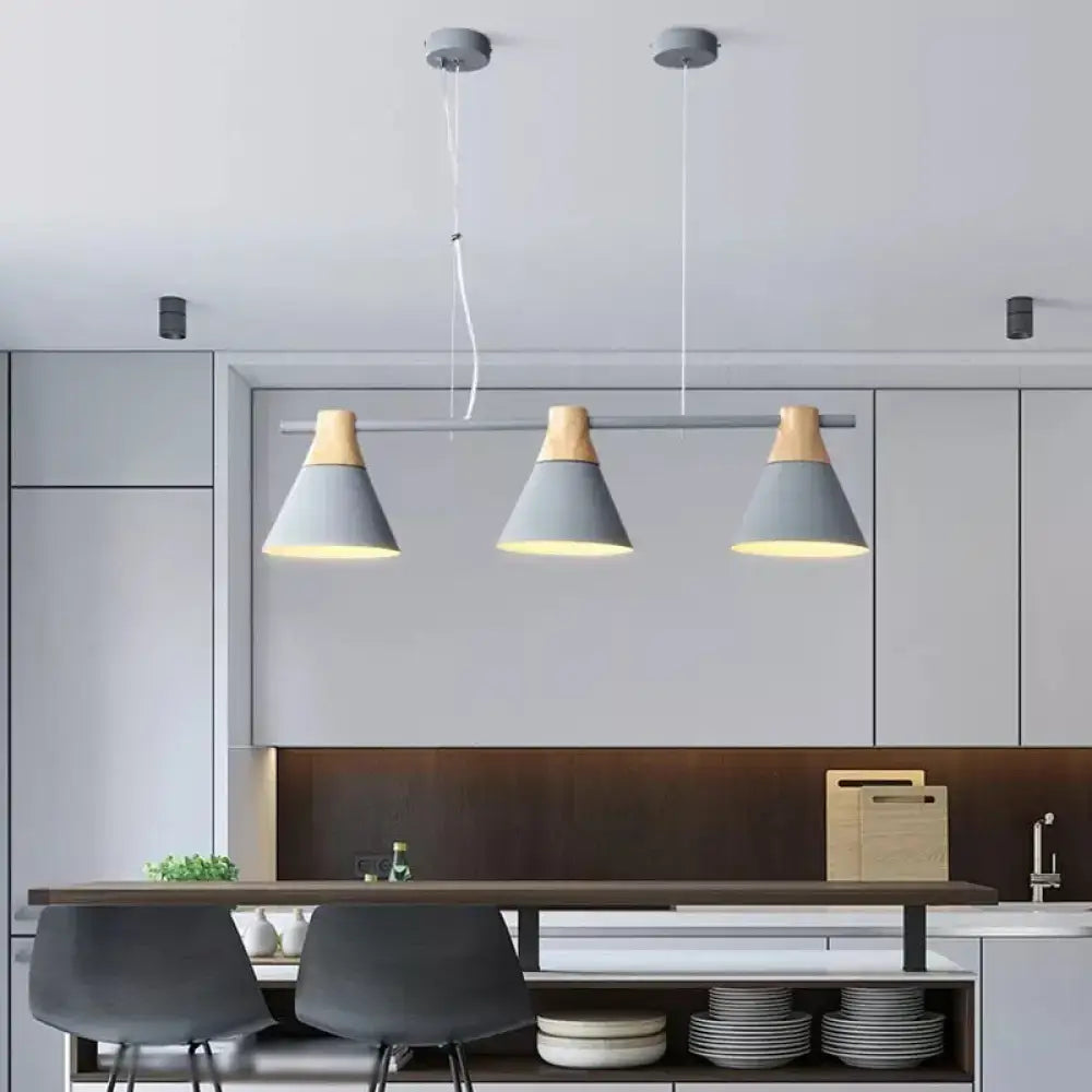 Decorbites™ modern metallic cone hanging light kit with gray and wood cone hanging light for island lighting fixture