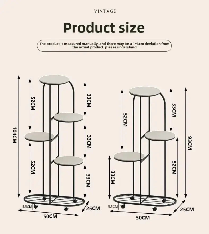 Black metal plant stand with four circular shelves and wheeled base for modern interior decor and flower rack use