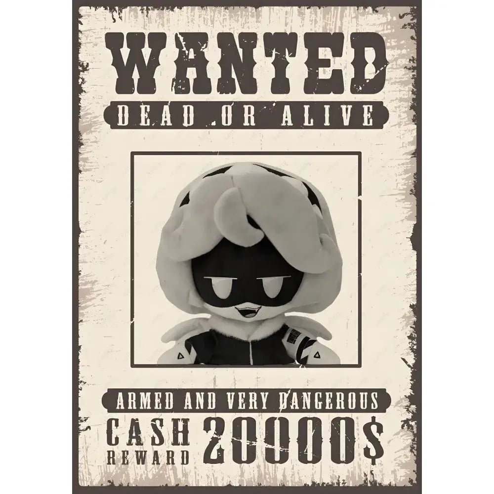 Decorbites™ modern murder drones poster wall art featuring plush character with white and black fur in hooded outfit and mask