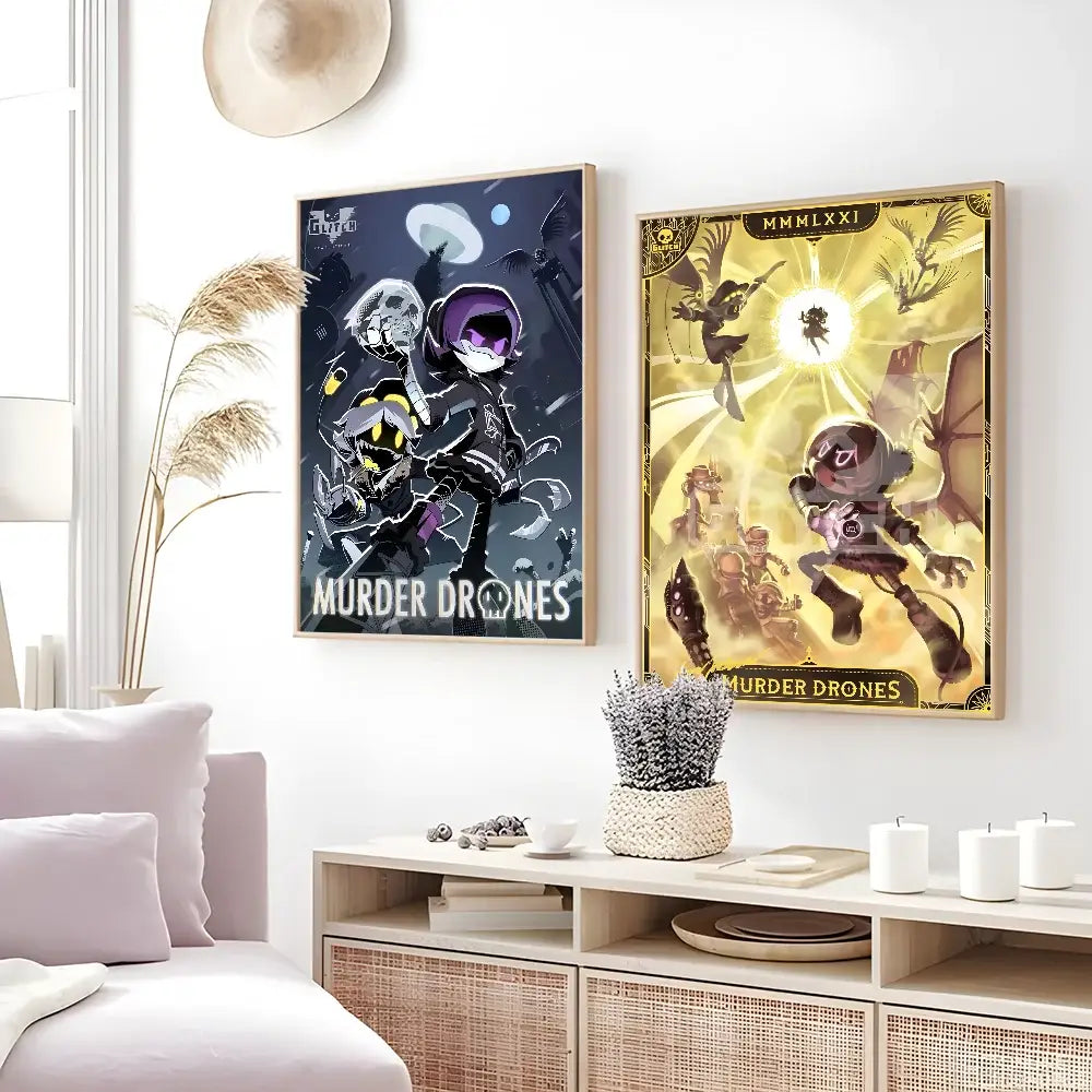 Two framed modern murder drones poster wall art featuring dark purple and black tones and glowing gold stylized figures