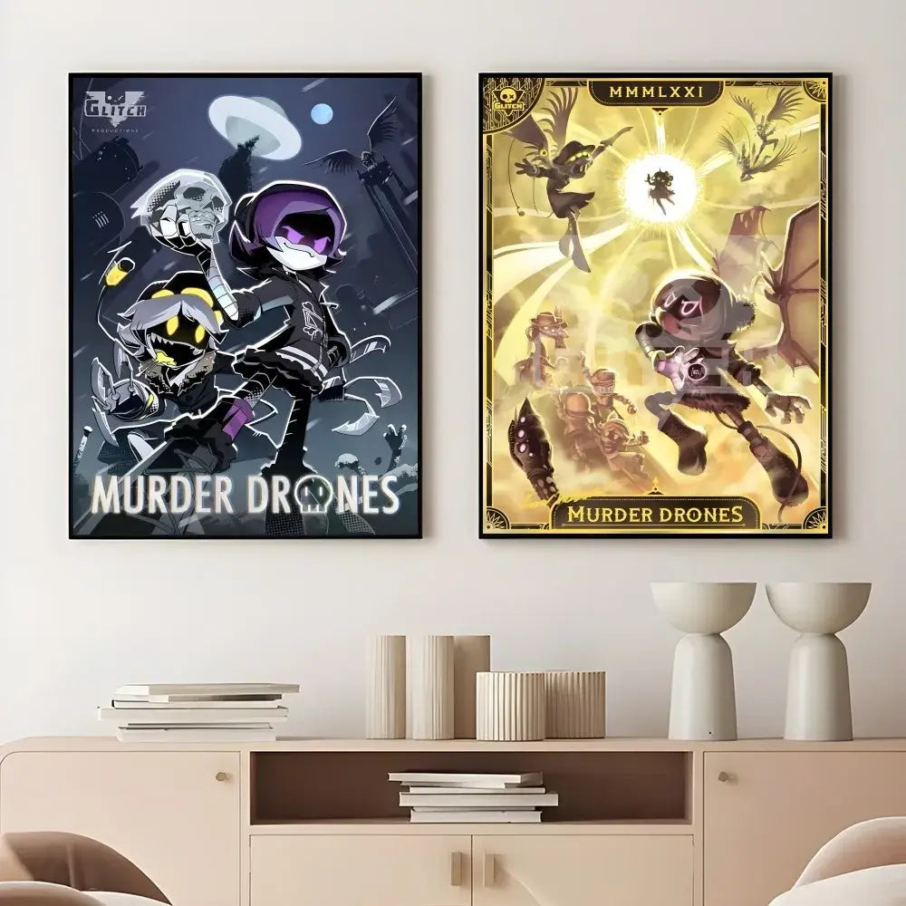Two framed modern murder drones posters in dark blue black purple and golden yellow tones wall art for home decor