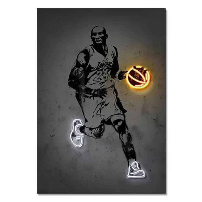 DecorBites™ modern neon sports star wall art poster featuring a glowing orange ball and white shoe outlines on dark textured background