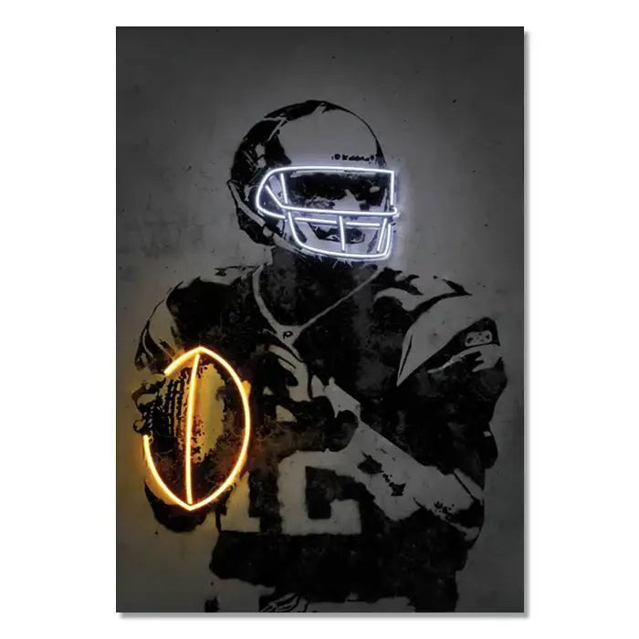 Neon-lit football player mural with glowing helmet and ball decorbites modern neon sports star wall art poster