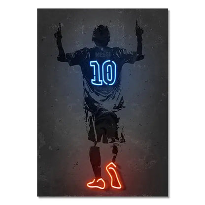Neon-lit silhouette wall art poster of soccer player number 10 with glowing blue and orange outlines by decorbites
