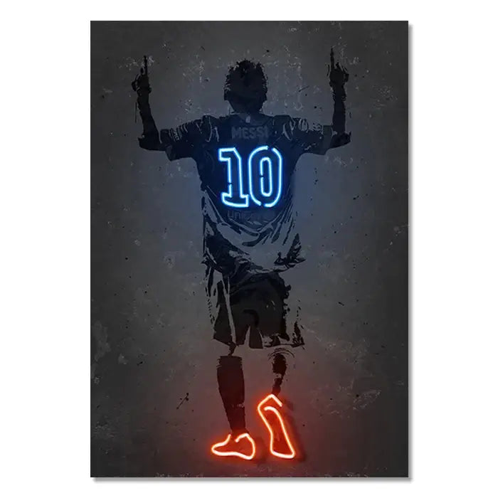 Neon-lit silhouette wall art poster of soccer player number 10 with glowing blue and orange outlines by decorbites