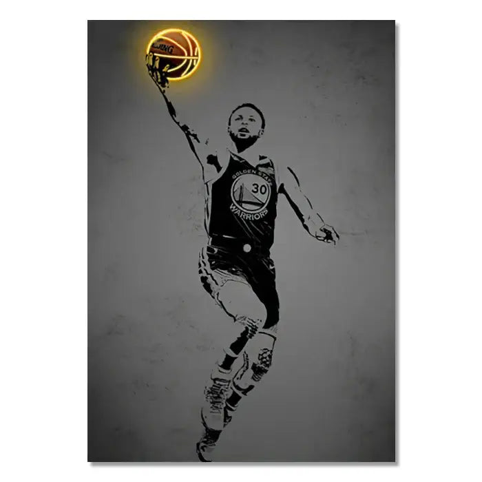 Stylized black and white wall art poster of a basketball player with glowing orange ball in golden state warriors jersey 30