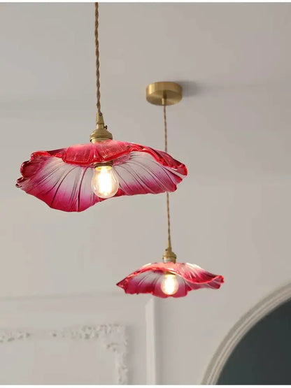 DecorBites™ modern nordic e27 ceiling light with a delicate translucent red glass petal design and brass hardware