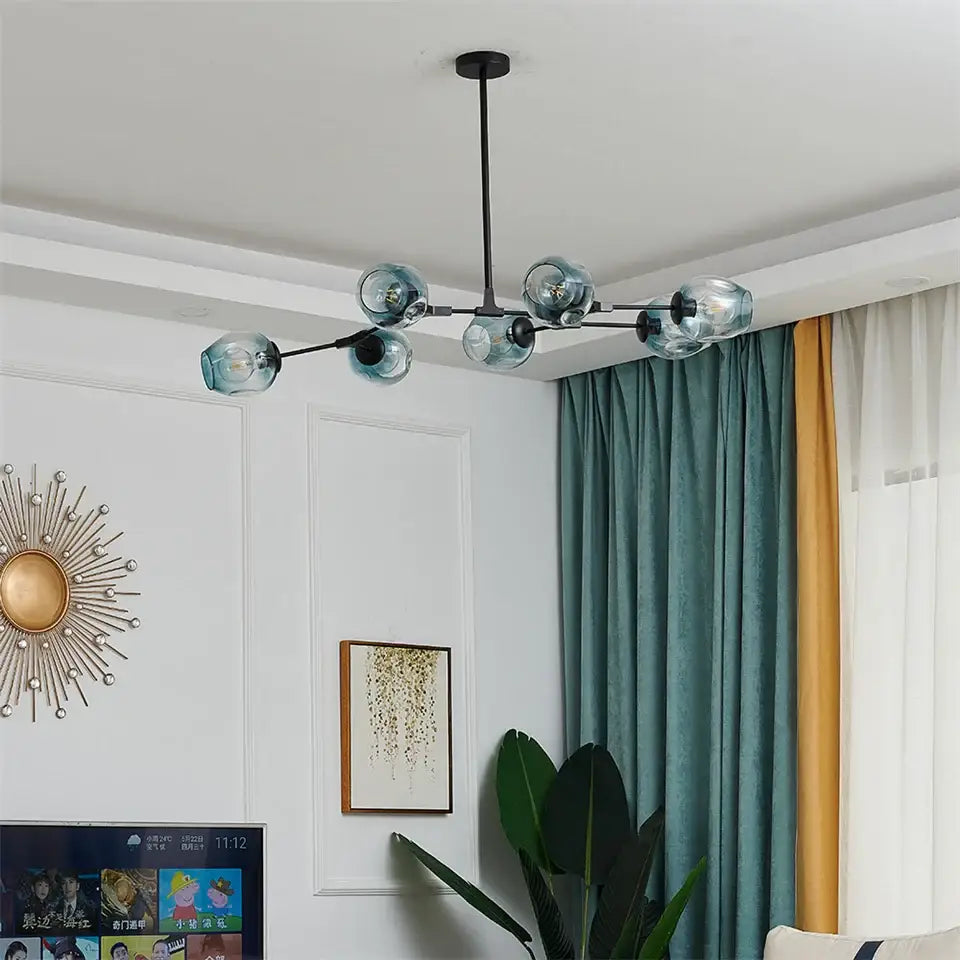 DecorBites™ modern nordic glass ball led chandelier with black metal frame and translucent blue glass ball bulbs