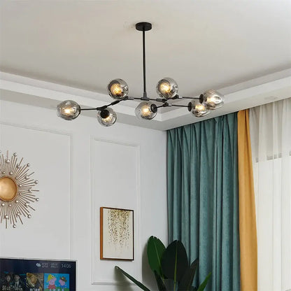 Modern black metal nordic glass ball led chandelier with multiple spherical glass globe lights for indoor decor