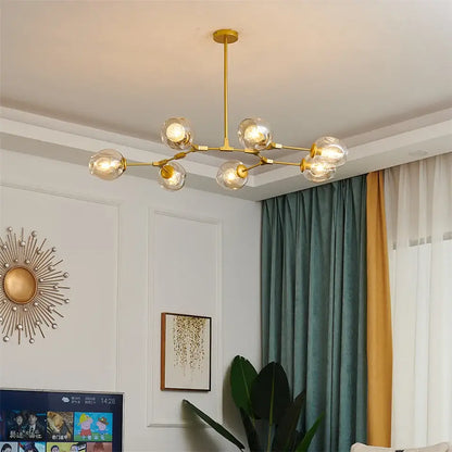DecorBites modern nordic glass ball led chandelier with six clear glass globes in gold-toned metal finish