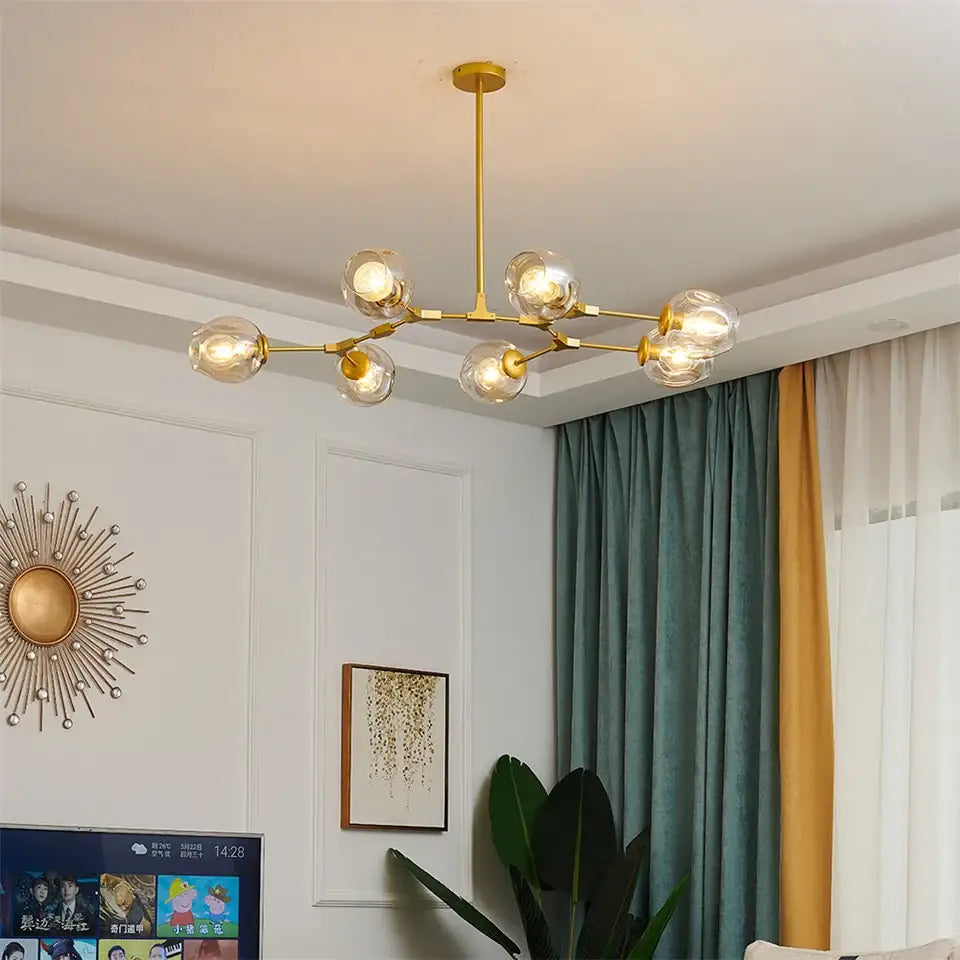 DecorBites modern nordic glass ball led chandelier with six clear glass globes in gold-toned metal finish