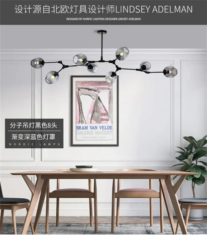 DecorBites™ modern nordic glass chandeliers with black molecular frame and eight gradient deep blue glass shades