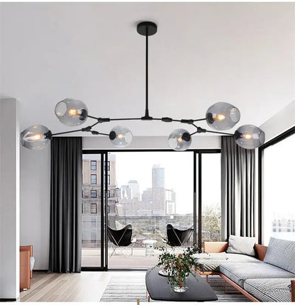 DecorBites™ modern nordic glass chandelier with black metal frame and multiple frosted globe bulbs for ceiling lighting