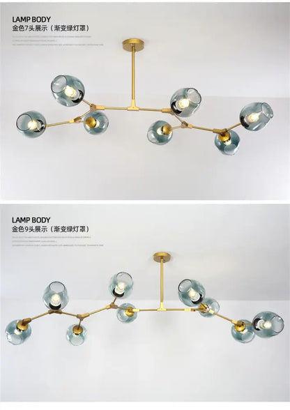 Gold-toned DecorBites™ modern nordic glass chandelier with seven and nine teal glass globe shades pendant lamps