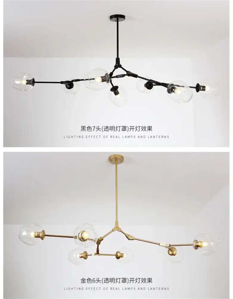 DecorBites™ modern nordic glass chandeliers featuring black and gold nordic lustre with clear glass globe bulbs