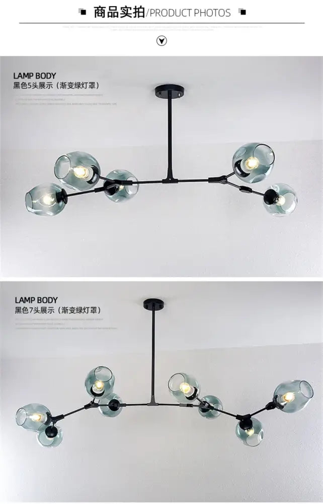 Black metal modern nordic glass chandelier with five translucent green glass globe shades nordic lustre design