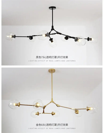DecorBites modern nordic glass chandeliers with black and gold finish and clear glass globe bulbs LED lighting