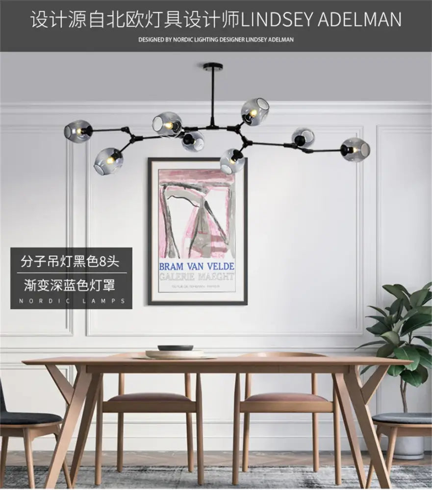 Decorbites modern nordic glass chandelier with black molecular frame and eight gradient deep blue nordic glass shades