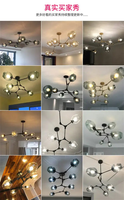 Modern nordic glass chandeliers with a dark metal frame and clear and frosted glass globes in varying sizes