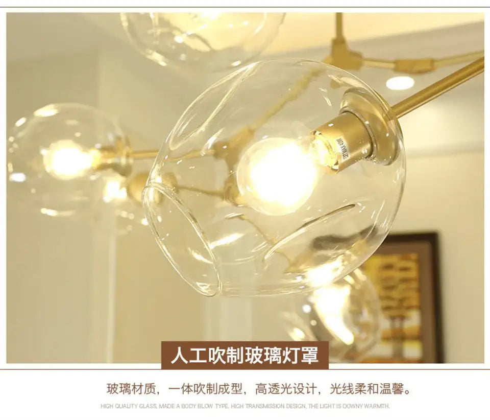 Decorbites modern nordic lustre glass chandelier with clear hand-blown glass lampshade and golden brass fixture