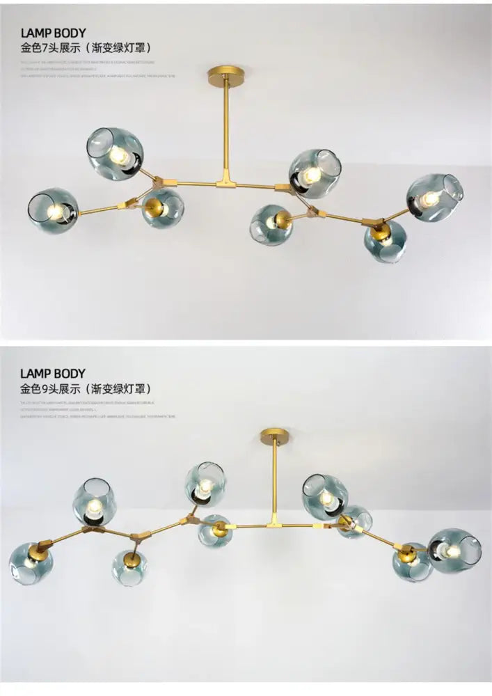 Gold-toned DecorBites™ modern nordic glass chandelier with seven and nine teal glass globes in a branching design